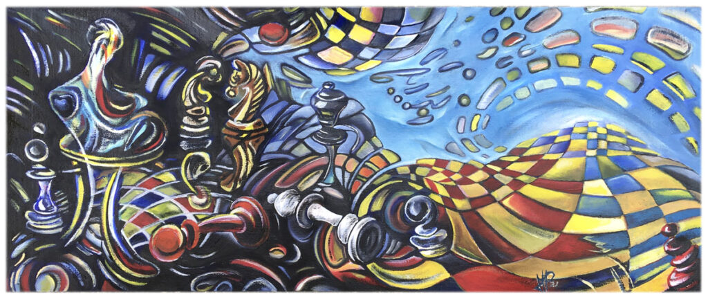 „Let´s play chess“, 2021, 61 x 25 cm, Öl auf Leinwand, (© Michael Pfeiffer)